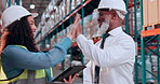 High five, meeting and people on tablet in warehouse for supply chain, production and planning. Distribution, shipping and woman with supervisor on tech for logistics, inventory and delivery success