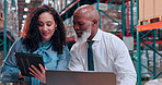 Logistics, meeting and people on tech in warehouse for supply chain, production and planning. Distribution, shipping and woman with supervisor on laptop for website, inventory and delivery schedule
