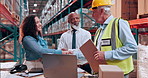 Warehouse, team and people with handshake in meeting for collaboration, planning and logistics. Distribution, shaking hands and workers on computer for supply chain agreement, production and shipping