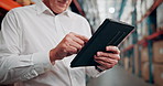 Supply chain, warehouse and hands of man on tablet for shipping, delivery and inventory for logistics. Depot, distribution and person on digital tech for quality control, production and checklist
