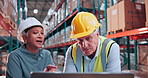 Logistics, team and laptop with discussion in warehouse for sales growth, supply chain or performance. Distribution manager, mature people and happy with tech in factory for cargo reviews or progress