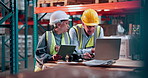 Logistics, team and laptop with tablet in factory for ERP planning, supply chain or inventory update. Distribution manager, mature people or talking with tech for route management, export or shipping