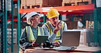 Team, laptop and tablet with discussion in warehouse for ERP, quality control and stock inspection. Supply chain manager, mature people and tech with pointing for operations management and compliance