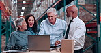 Talking, team and people on laptop in warehouse for meeting, planning and logistics. Distribution, shipping supervisor and workers on computer for supply chain, production and inventory checklist