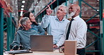 Logistics, team and people on laptop in warehouse for meeting, planning and supply chain. Distribution, shipping supervisor and workers on computer for inspection, production and inventory checklist