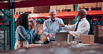 Logistics, people and laptop with celebration in warehouse for KPI growth, sales profit and clapping. Supply chain, management team and tech with high five for industry award nomination and success