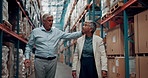 Logistics, walking and business people in warehouse with inventory, inspection or freight order. Discussion, planning and supply chain managers with cargo distribution in collaboration at storehouse.