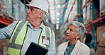 Logistics, discussion and team with tablet in warehouse for inventory inspection, planning and WMS. Supply chain manager, mature people and tech for quality assurance, stock management and shipping