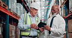 Logistics, team and tablet with discussion in warehouse for stock inspection, quality control or shipping. Distribution manager, mature men and tech in factory for operations management and inventory