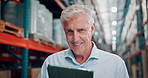 Face, man and supply chain with tablet, warehouse and happy for distribution and check goods on web. Online, operations manager or mature person with tech for inventory, shipping and stock in factory