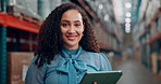Supply chain, warehouse and face of woman on tablet for logistics inspection, quality control and inventory. Shipping, factory and portrait of person on tech for production, storage and distribution