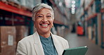 Face, woman and logistics with tablet, factory or happy for supply chain and check goods on website. Online, distributer and mature person with tech for inventory, shipping and stock in warehouse
