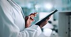 Doctor, hands and typing in lab with tablet for medical research, test results and science development. Healthcare worker, woman or scroll in clinic with tech for patient info, surgery plan or bokeh.