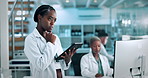 Thinking, science and woman with tablet, research or medical report for experiment, choice or app. People, scientists or biotech with decision, medicine development or drug trial results with vaccine