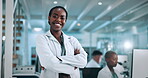 Science, face or happy woman with arms crossed in lab, medical biotech or pathology research for solution. Vaccine development, microbiology and scientist with pride for progress, flare or experiment