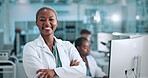 Researcher, face and happy woman with arms crossed in lab, medical biotech or microbiology for solution. Vaccine development, pathology research and scientist with pride for progress, flare and trial