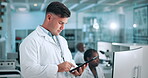 Doctor, man and typing in clinic with tablet for medical innovation, science development and biotech. Scientist, people and scroll in lab with tech for AI diagnostics, healthcare research and bokeh.