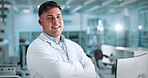 Science, face and happy man with arms crossed in lab, medical biotech or pathology research for solution. Vaccine development, microbiology and scientist with pride for progress, flare and experiment