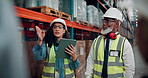 Woman, tablet and team at warehouse with logistics, point and planning for solution at plant. People, engineer and group with talk, app or supply chain management with inventory checklist for storage