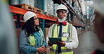 Man, tablet and group at warehouse with logistics, review and planning for solution at plant. People, engineer and team with talk, application or supply chain with inventory management for storage