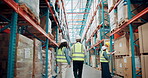 Logistics team, walking and inspection in warehouse for stock management, supply chain or shipping. Distribution manager, back of people and working in quality control for freight delivery or export