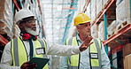 Walking, warehouse and men with tablet talking for inspection, quality control and inventory check. Shipping, factory and supervisor team on digital tech for logistics, supply chain and distribution