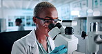 Woman, scientist and microscope analysis at lab with test process, review or pharmaceutical study. Person, medical research and tools for vaccine development, drugs or solution with cure for virus