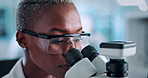 Scientist, woman and microscope with testing for pathology, medical research or discovery. Biotech, laboratory and analysis with sample inspection for pharmaceutical, forensic or chemistry experiment