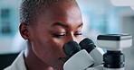 Scientist, woman and microscope with testing for medical research, chemistry or discovery. Biotech, laboratory and analysis with sample inspection for pharmaceutical, forensic or pathology experiment
