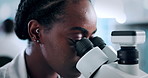 Scientist, woman and microscope with analysis for chemistry, medical research or discovery. Biotech, laboratory and testing with sample inspection for pharmaceutical, forensic or pathology experiment