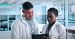 Tablet, team and reading with people in lab for medical report, experiment research or stem cell study. Healthcare results, online review and partner with scientist for dna repair and project
