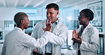 Scientist, team and high five with tablet for chemistry, medical research or discovery. Biotech, laboratory and people with sample breakthrough for pharmaceutical, forensic or pathology experiment