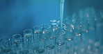 Test tube, scientist and pipette at lab with liquid, chemical and process for pharmaceutical solution. Person, medical research and study with tools, closeup and virus dna for vaccine development