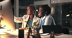 Computer, discussion and businesswomen in office at night for planning finance report with deadline. Meeting, technology and African female financial advisors working on company investment proposal.