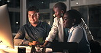 Night, manager and staff with computer in office, feedback meeting or tips to edit investment proposal. Overtime, director or people with pc for teamwork, ideas or advice for finance project guidance