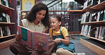 Kid, woman and reading a book in library for language skills, academic support or literature lesson. Education, girl student and tutor with fantasy novel at school for story questions and vocabulary
