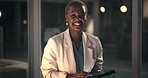 Face, business and black woman with tablet, night and financial advisor with internet. Online checklist, evening and African person in office, tech and smile with email for trading portfolio and app