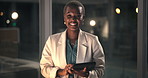 Face, business and black woman with tablet, evening and financial advisor with connection. Revenue audit, night or African person in office, tech or smile with email for trading portfolio or internet