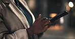 Hands, business and person with tablet at night for editor feedback, information and article post. Journalist, bokeh and digital for proofreading news, update draft and working late for publication

