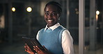 Business, face or happy black woman with tablet at night for compliance review, funny or pride. Portrait, smile or consultant on overtime with tech for policy development, about us or laugh in office