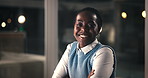 Business, face and happy black woman at night for compliance review, pride and computer. Portrait, smile or confident consultant on overtime for policy development, about us or arms crossed in office