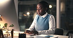 Business, black woman and computer in office at night for editor feedback, information and article post. Person, typing and pc for proofreading news, update draft and working late for publication
