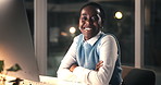 Business, face and happy black woman with computer for typing compliance report at night. Portrait, smile or confident consultant with tech on overtime for policy, about us or arms crossed in office