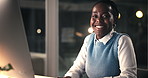 Smile, face and black woman with computer for business, compliance report and night. Portrait, happy and confident consultant with tech on overtime for policy development, about us or pride in office