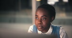 Creative, black woman and computer in office at night for editor feedback, information and article post. Journalist, reading and pc for proofreading story, update draft and deadline for publication