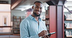 Man, college student and face with tablet at library, smile or research project at academy. African person, portrait and happy for tech, app and writing notes for learning at university in Nigeria