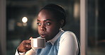 Coffee, thinking and black woman in office at night with ideas for finance report with deadline. Cappuccino, decision and African female financial manager drinking warm beverage in workplace.