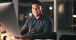 Smile, face and man with computer for business, compliance report and night. Portrait, happy and confident consultant with tech on overtime for policy development, about us or pride in office