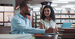 Laptop, studying and students in library for teamwork on university test, project or exam. Happy, learning and man with woman on computer for research on college assignment on campus together.