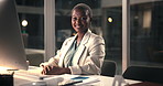 Business, face or black woman with computer at night for compliance review, happy or pride. Portrait, smile or consultant on overtime with tech for policy development, about us or confident in office